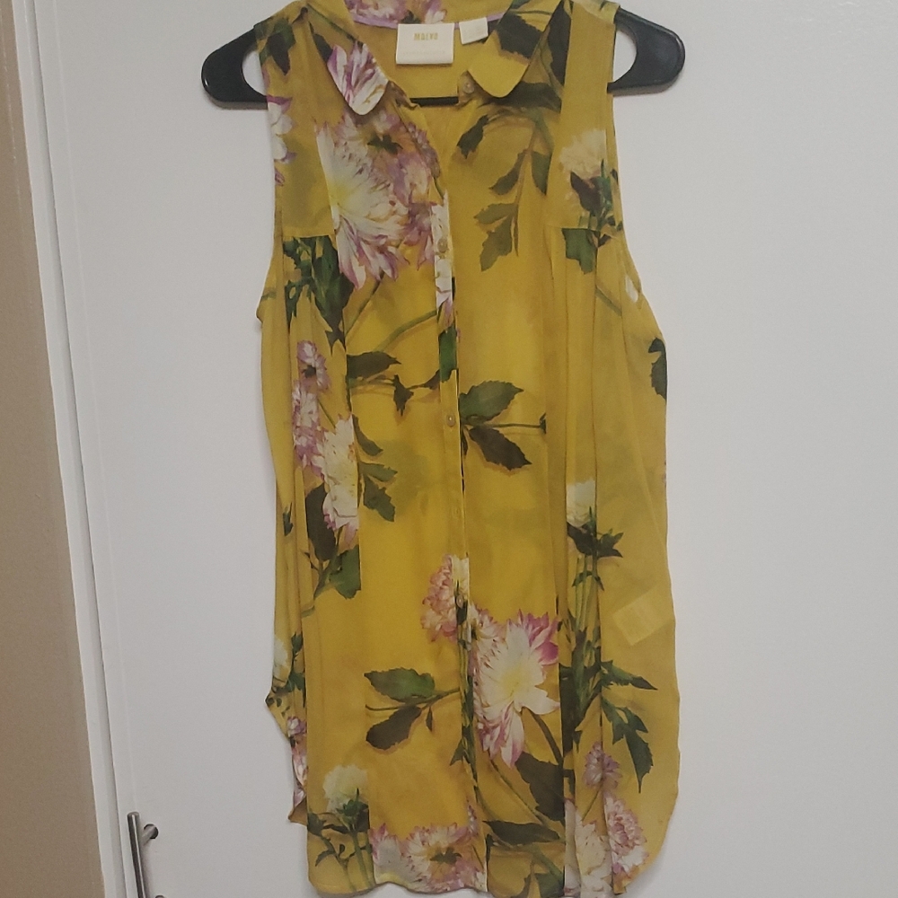 Anthropologie Yellow Floral Sleeveless Blouse